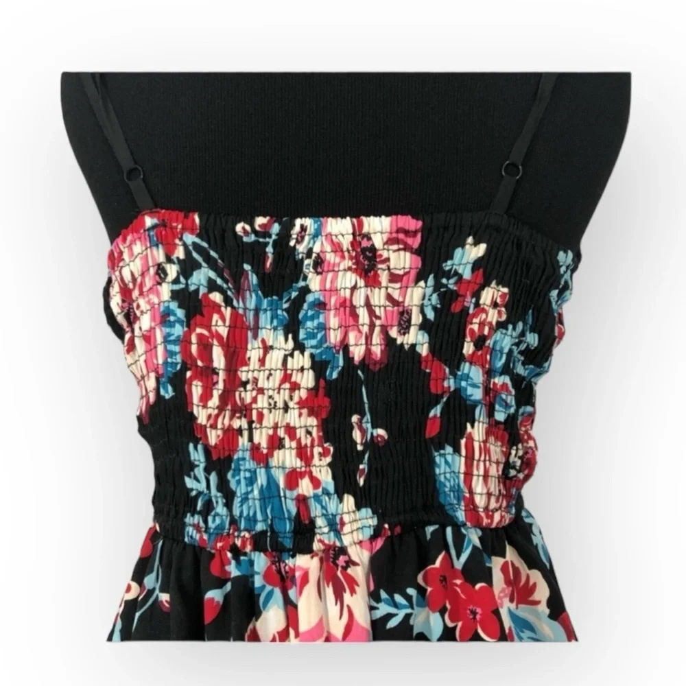 Band of Gypsies shorts romper black background with floral pattern